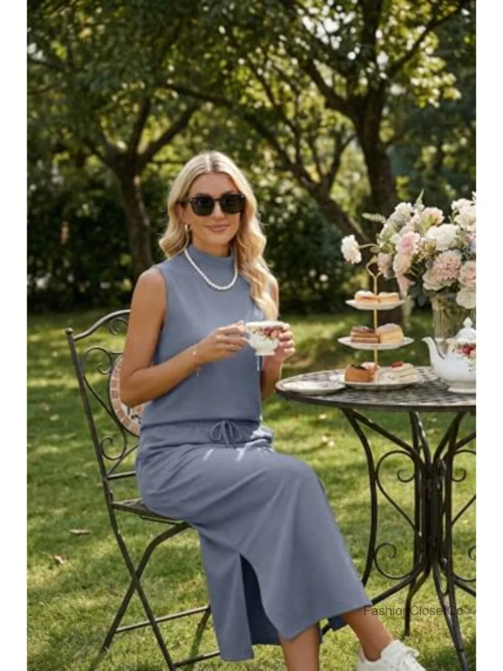 Sleeveless Mock Neck Crop Top & Split Maxi Skirt Set with Pockets